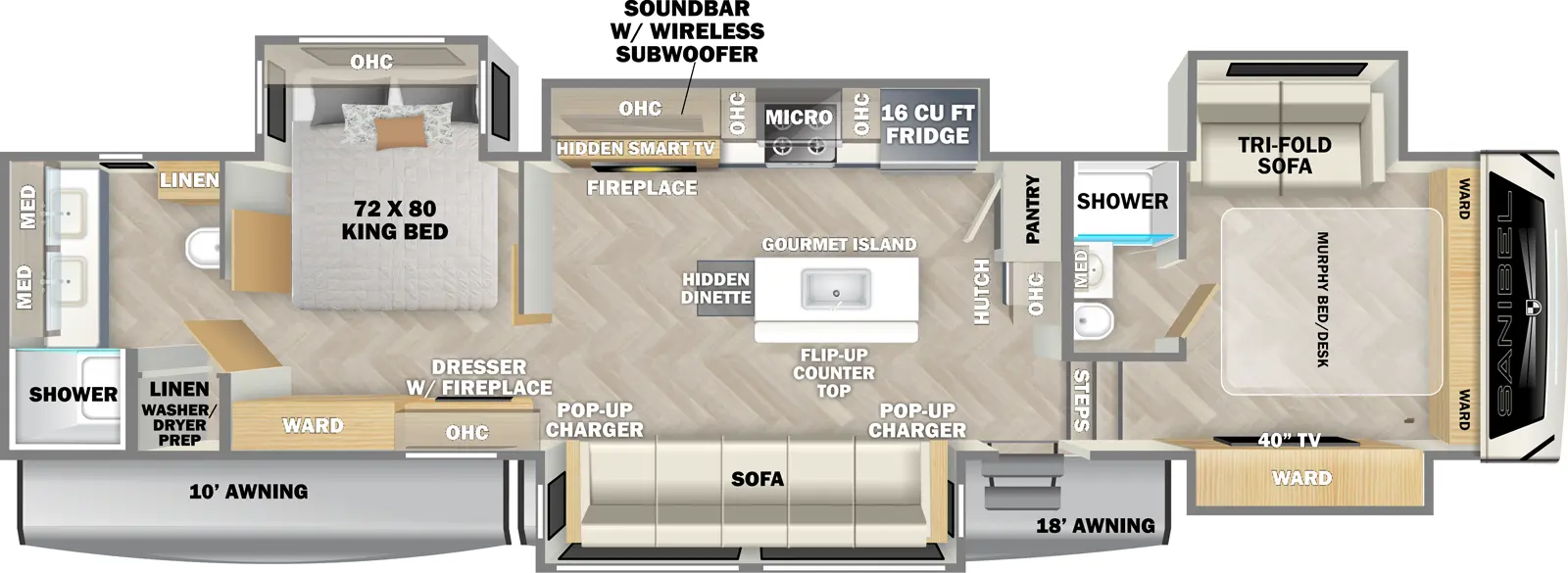 The Sanibel 3982DBWB has one entry and five slide outs. Exterior features include: fiberglass exterior and 10' & 18' awning. Interiors features include: kitchen island, murphy bed, rear bathroom and two full bathrooms.